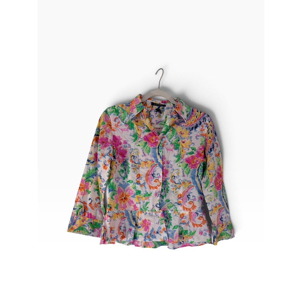 Lauren Ralph Lauren Floral Paisley Peplum Button Down Shirt Multi Color Size 6